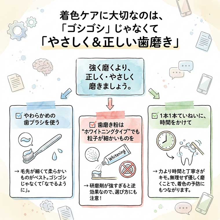 着色ケアに大切なのは、「ゴシゴシ」じゃなくて「やさしく＆正しい歯磨き」の図解
