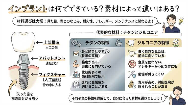 インプラントは何でできている？素材によって違いはある？の図解