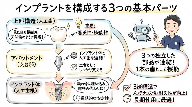 インプラントを構成する3つの基本パーツの図解
