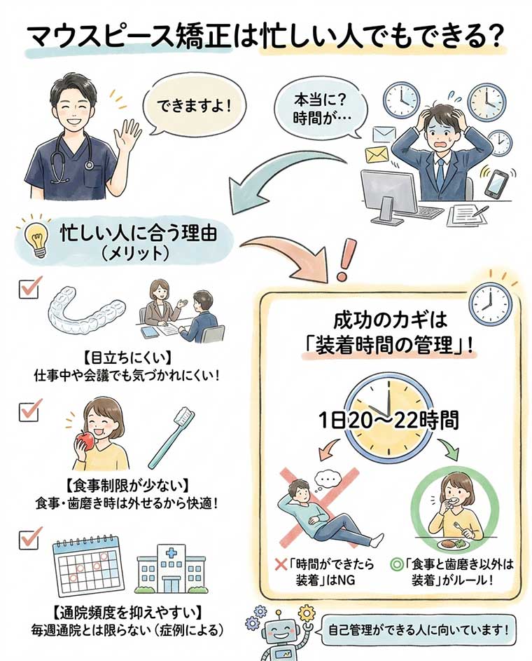 マウスピース矯正は忙しい人でもできる？の図解