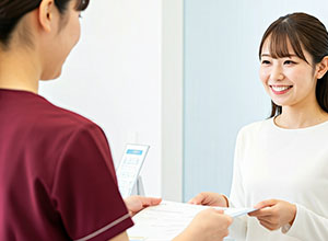 歯科医院で受付する女性