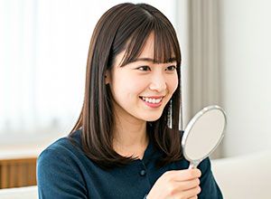 手鏡で歯を確認する女性