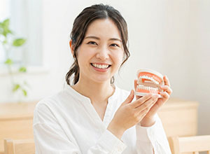 歯の模型を持って笑顔の女性