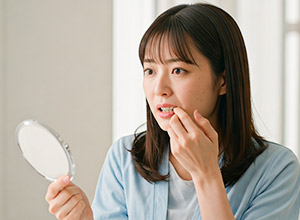 手鏡で歯をチェックする女性