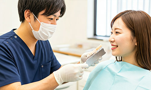 歯の色味を確認する歯科医師