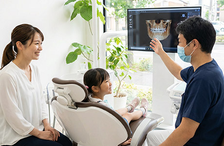 歯科医師に歯並びを相談する親子