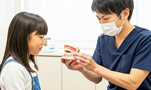 子どもに歯並びに関する説明をする歯科医師