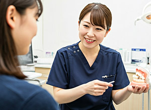 歯の模型で説明する歯科医師